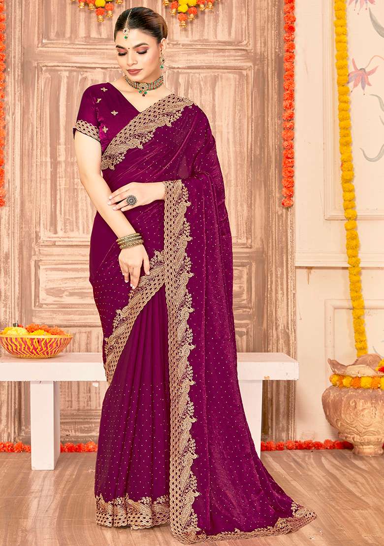 Wine Embroidery Work Silk Blend Saree Set - Indya