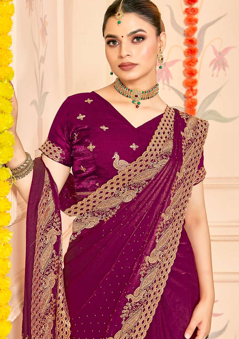 Wine Embroidery Work Silk Blend Saree Set - Indya