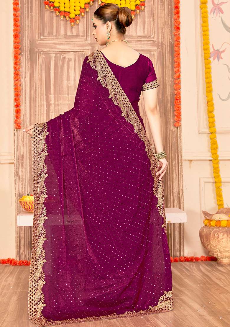 Wine Embroidery Work Silk Blend Saree Set - Indya