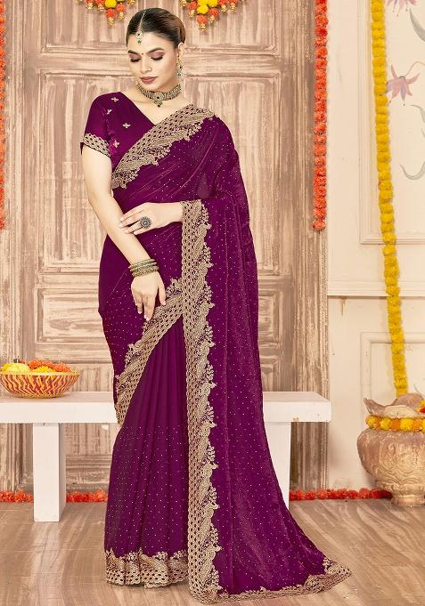 Wine Embroidery Work Silk Saree Set