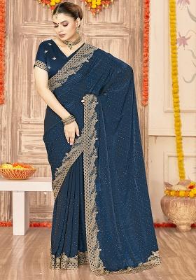 Blue Embroidery Work Silk Saree Set