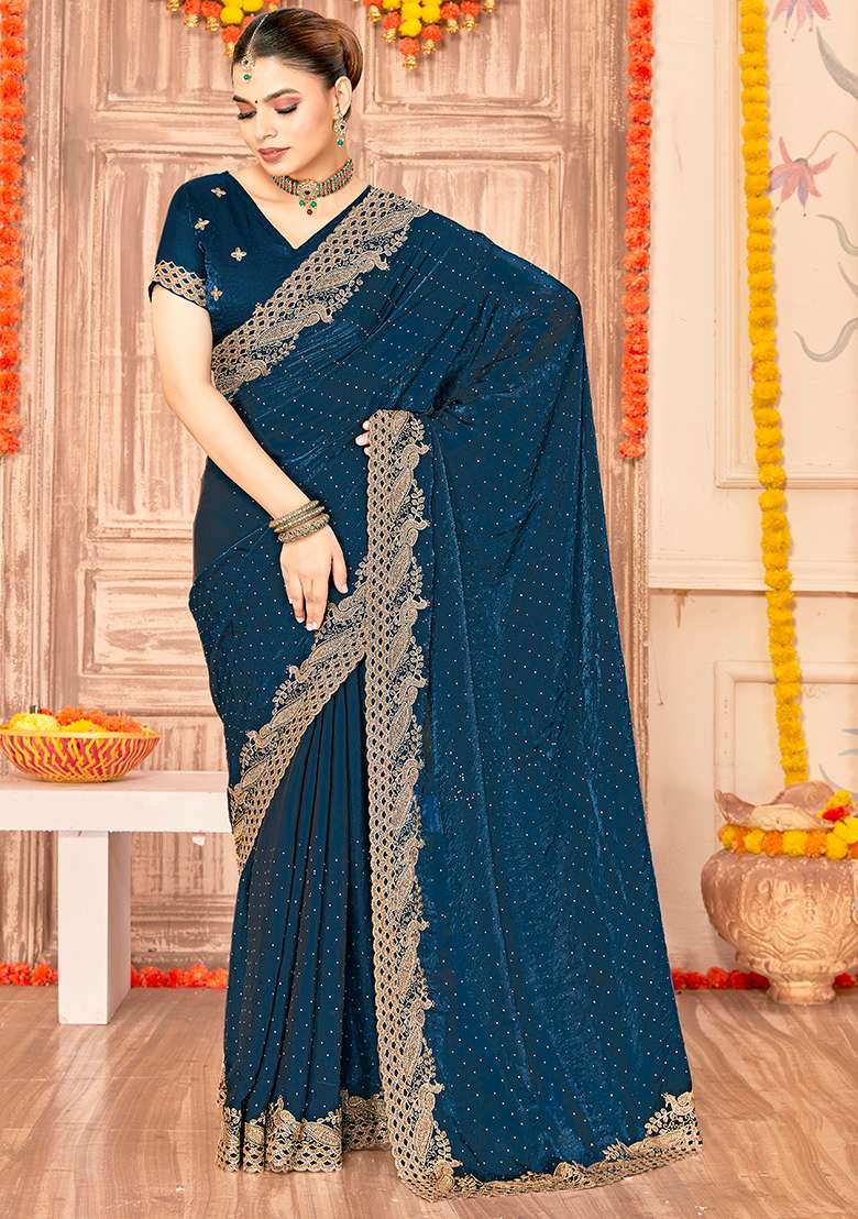 Blue Embroidery Work Silk Blend Saree Set - Indya