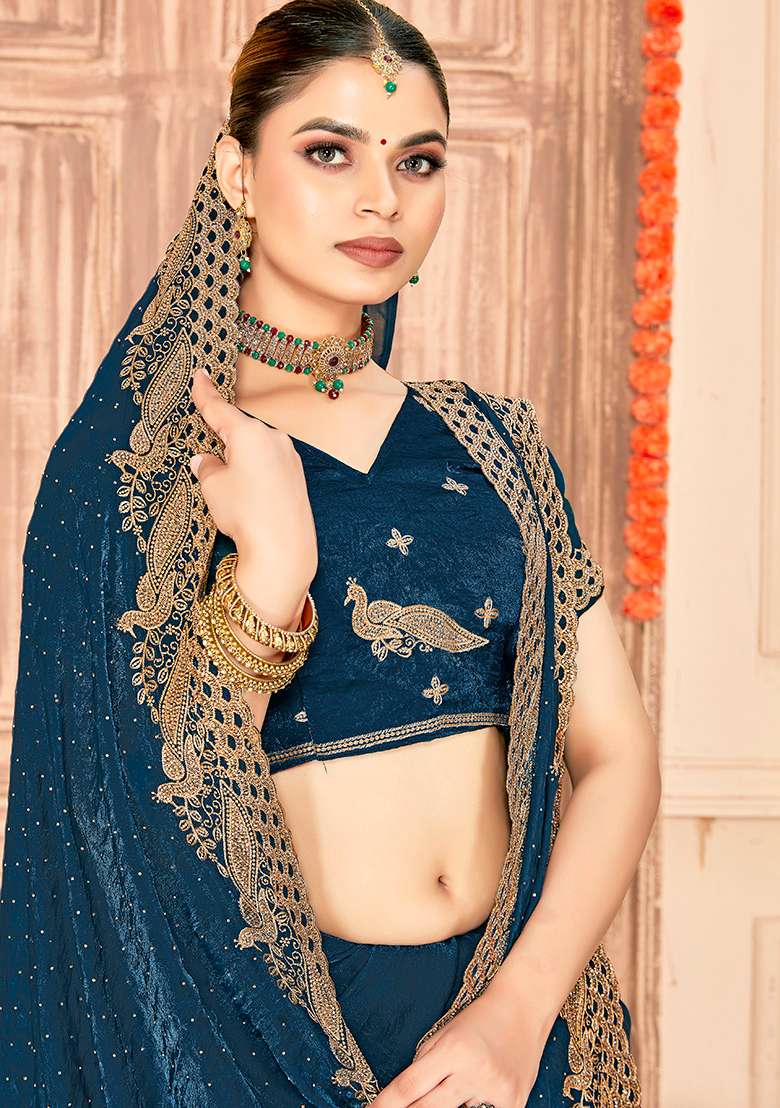 Blue Embroidery Work Silk Blend Saree Set - Indya