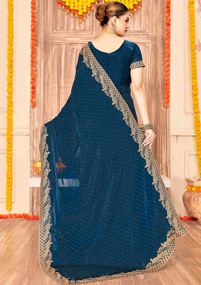 Blue Embroidery Work Silk Blend Saree Set - Indya