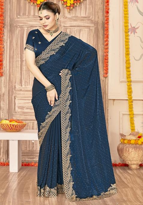 Blue Embroidery Work Silk Saree Set