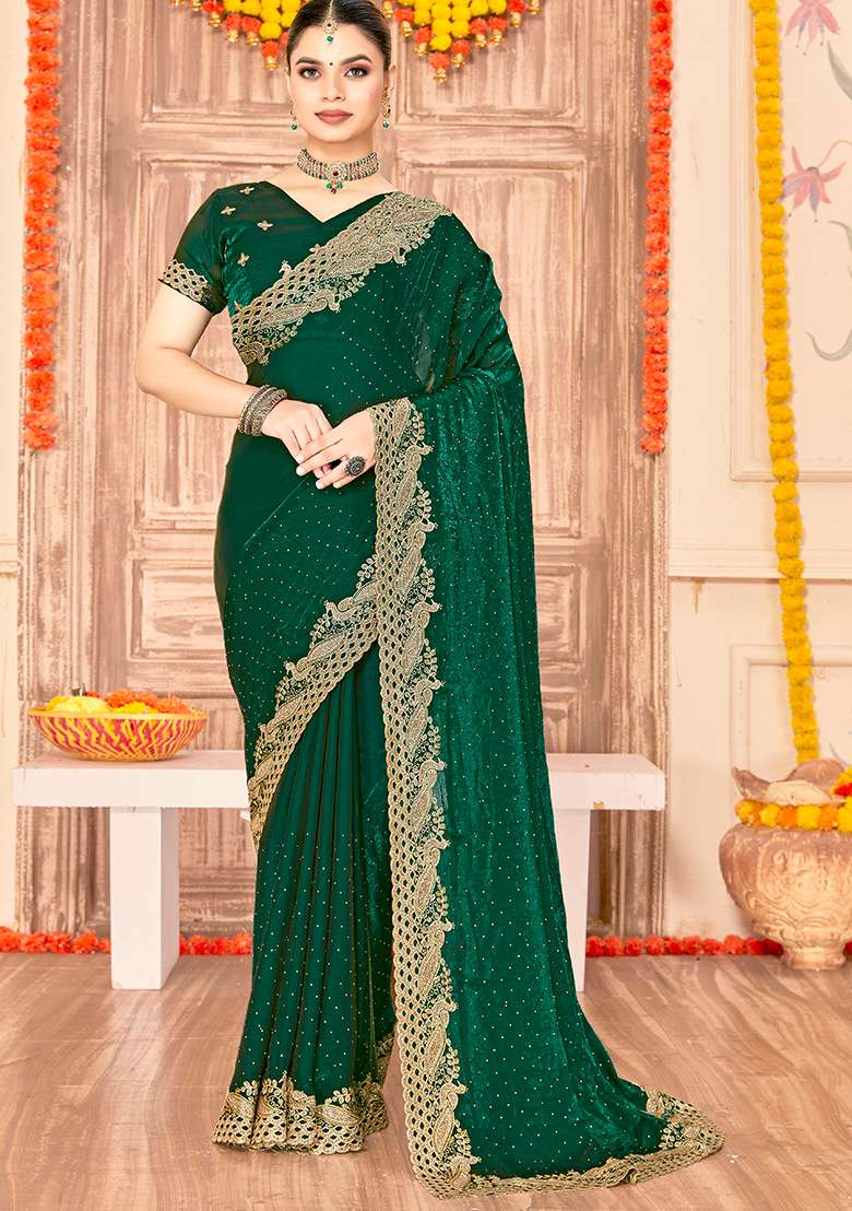 Botel Green Embroidery Work Silk Blend Saree Set - Indya