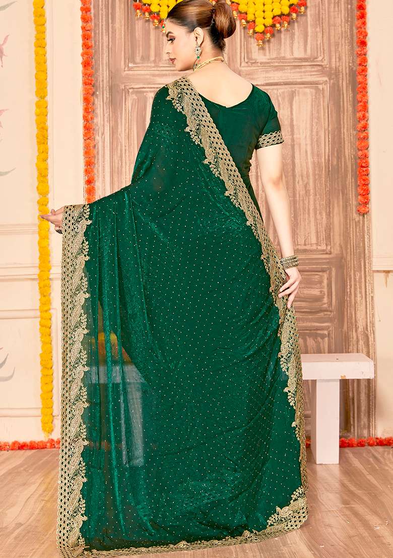 Botel Green Embroidery Work Silk Blend Saree Set - Indya