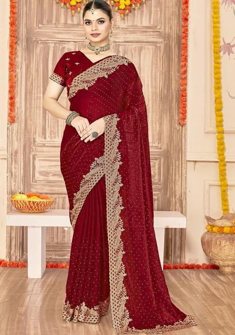 Maroon Embroidery Work Silk Saree Set