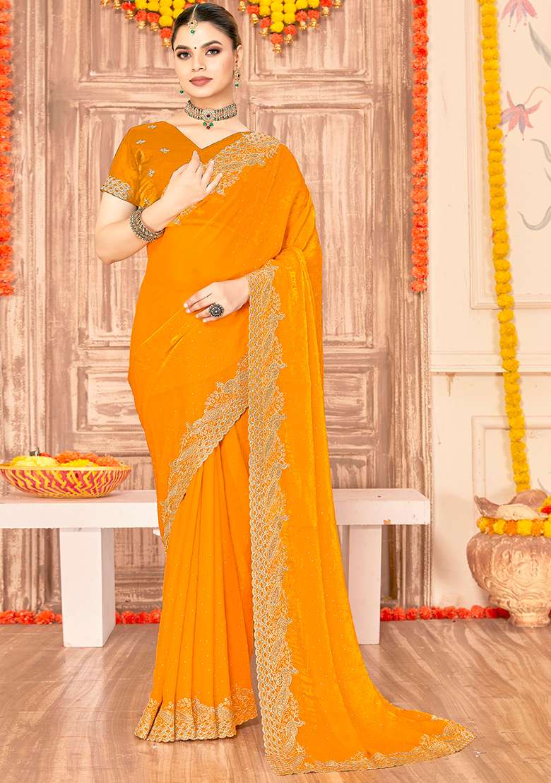 Mustard Embroidery Work Silk Blend Saree Set - Indya
