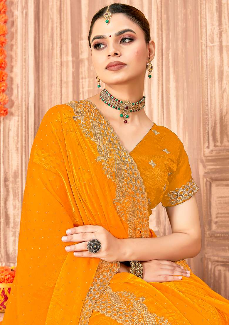 Mustard Embroidery Work Silk Blend Saree Set - Indya