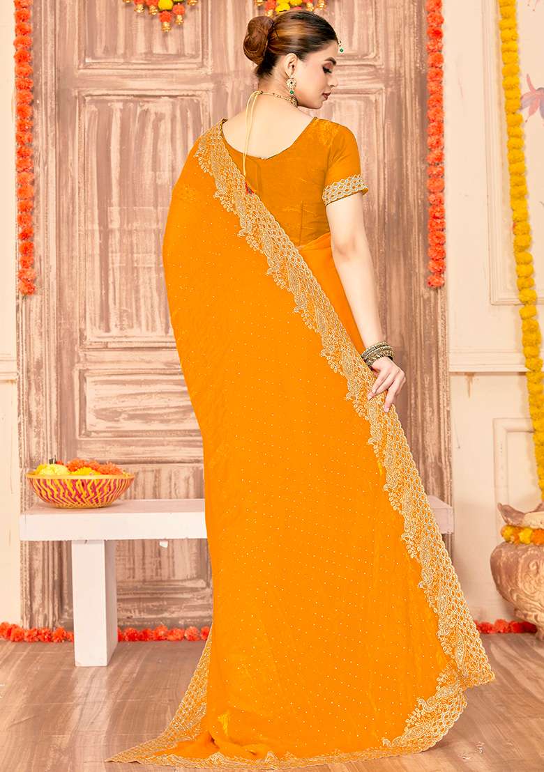 Mustard Embroidery Work Silk Blend Saree Set - Indya