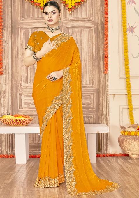 Mustard Embroidery Work Silk Saree Set