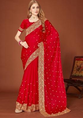 Red Embroidery Work Silk Saree Set