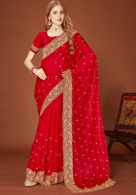 Red Embroidery Work Silk Saree Set