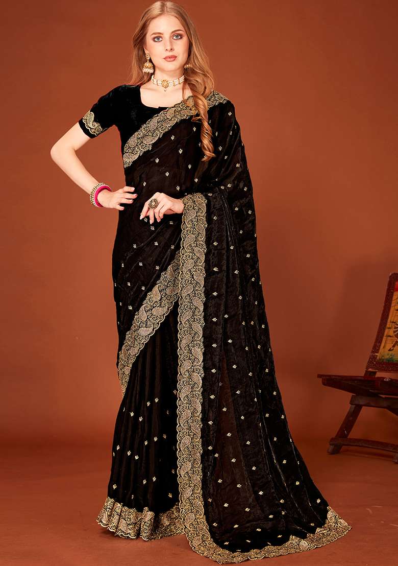 Black Embroidery Work Silk Saree Set - Indya