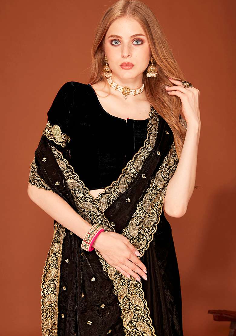 Black Embroidery Work Silk Saree Set - Indya