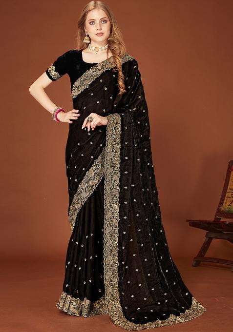 Black Embroidery Work Silk Saree Set