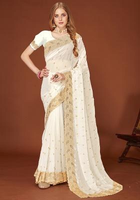 White Embroidery Work Silk Saree Set