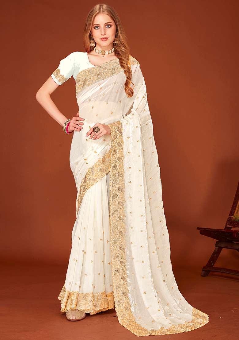White Embroidery Work Silk Saree Set - Indya