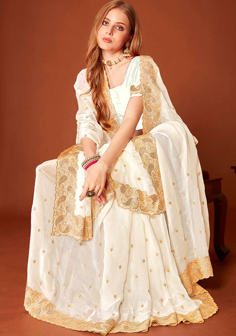 White Embroidery Work Silk Saree Set - Indya
