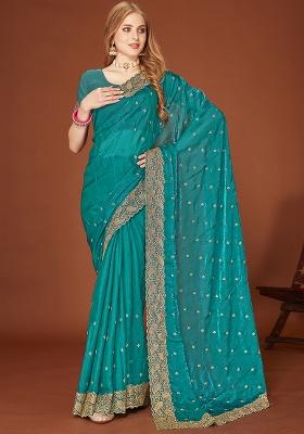 Blue Embroidery Work Silk Saree Set