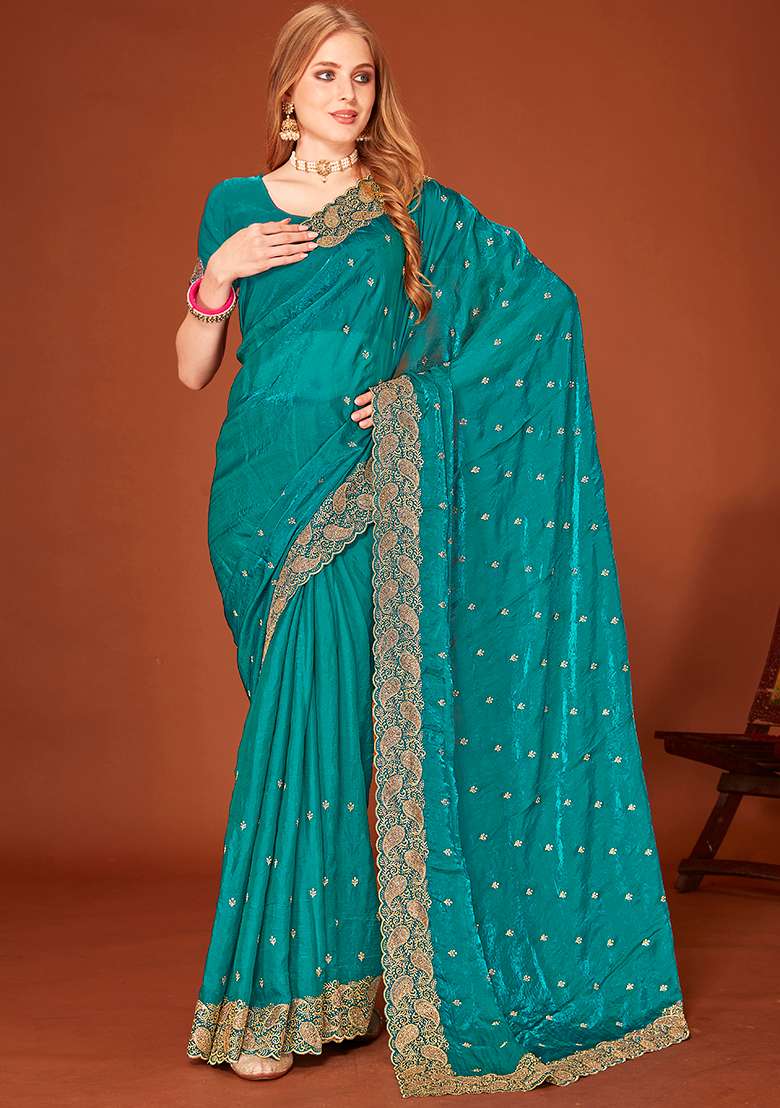 Blue Embroidery Work Silk Saree Set - Indya