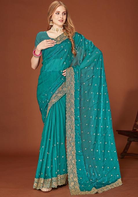 Blue Embroidery Work Silk Saree Set