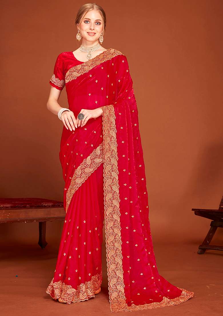 Rani Embroidery Work Silk Saree Set - Indya