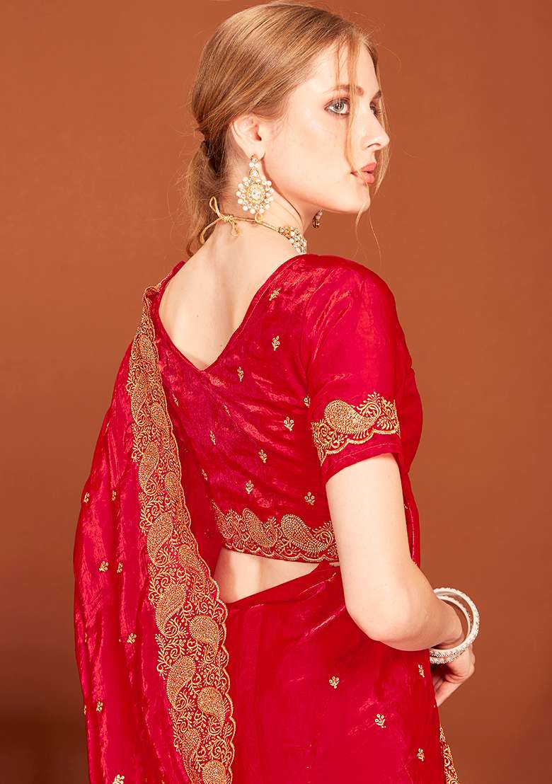Rani Embroidery Work Silk Saree Set - Indya