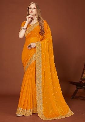 Mustard Embroidery Work Silk Saree Set
