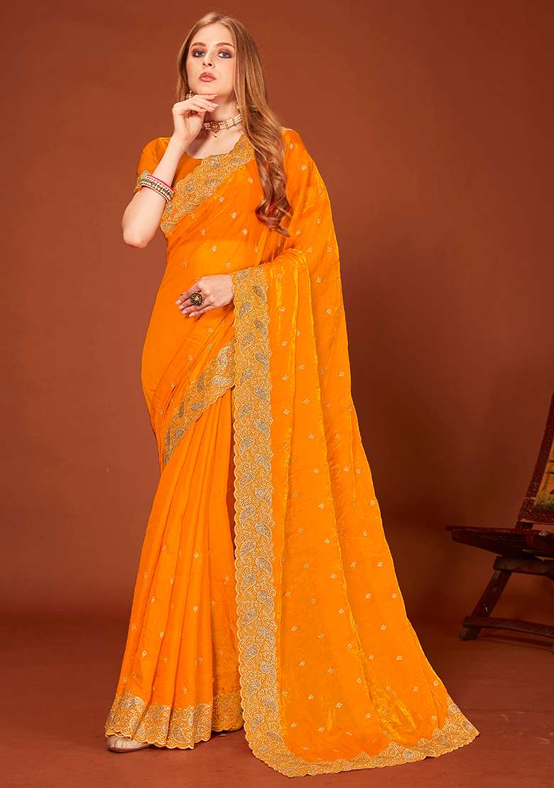 Mustard Embroidery Work Silk Saree Set - Indya