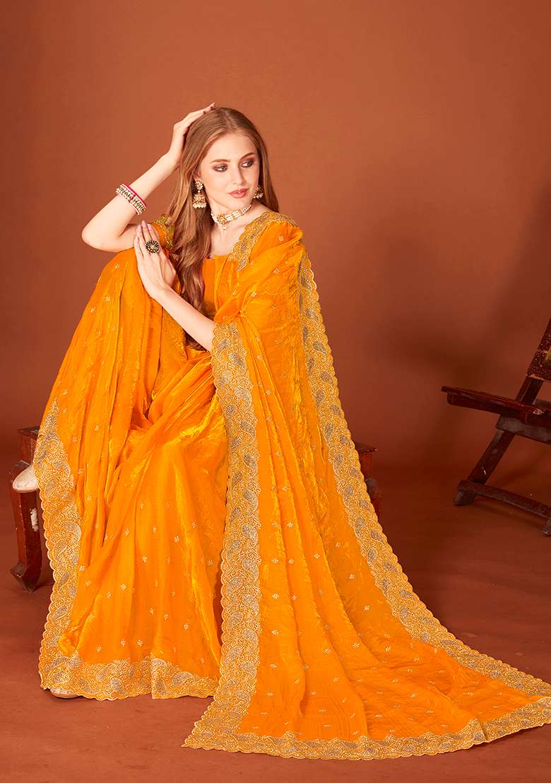 Mustard Embroidery Work Silk Saree Set - Indya