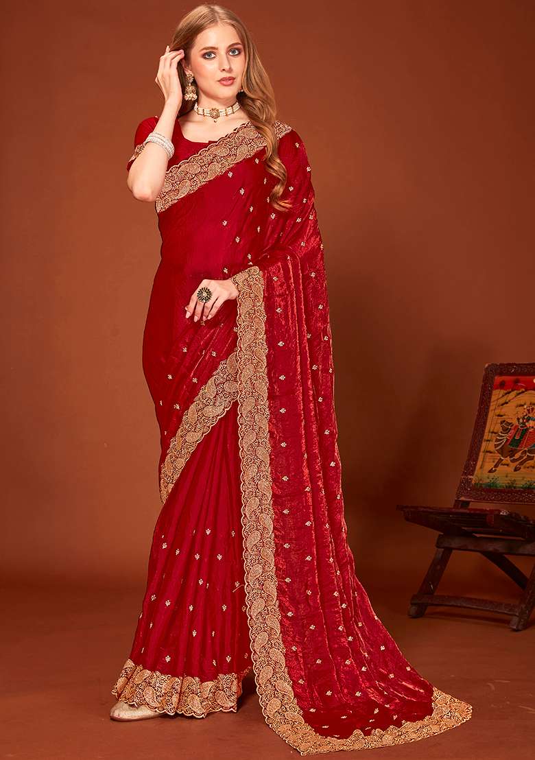 Maroon Embroidery Work Silk Saree Set - Indya