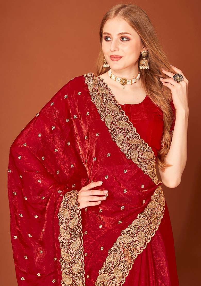 Maroon Embroidery Work Silk Saree Set - Indya