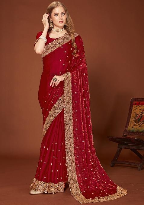 Maroon Embroidery Work Silk Saree Set