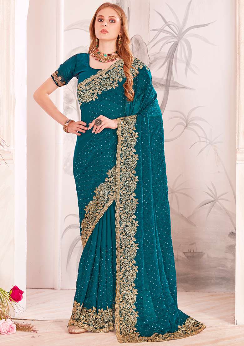 Blue Embroidery Work Silk Blend Saree Set - Indya
