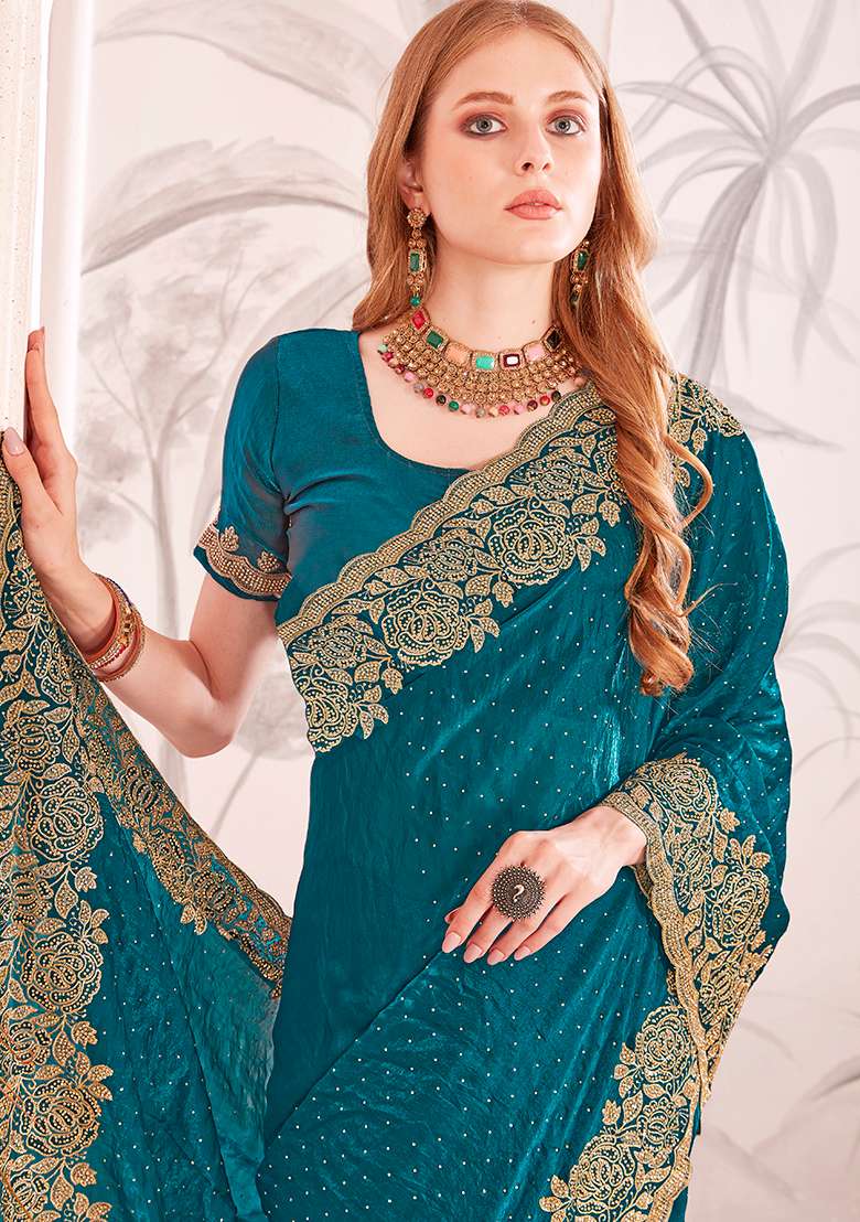 Blue Embroidery Work Silk Blend Saree Set - Indya
