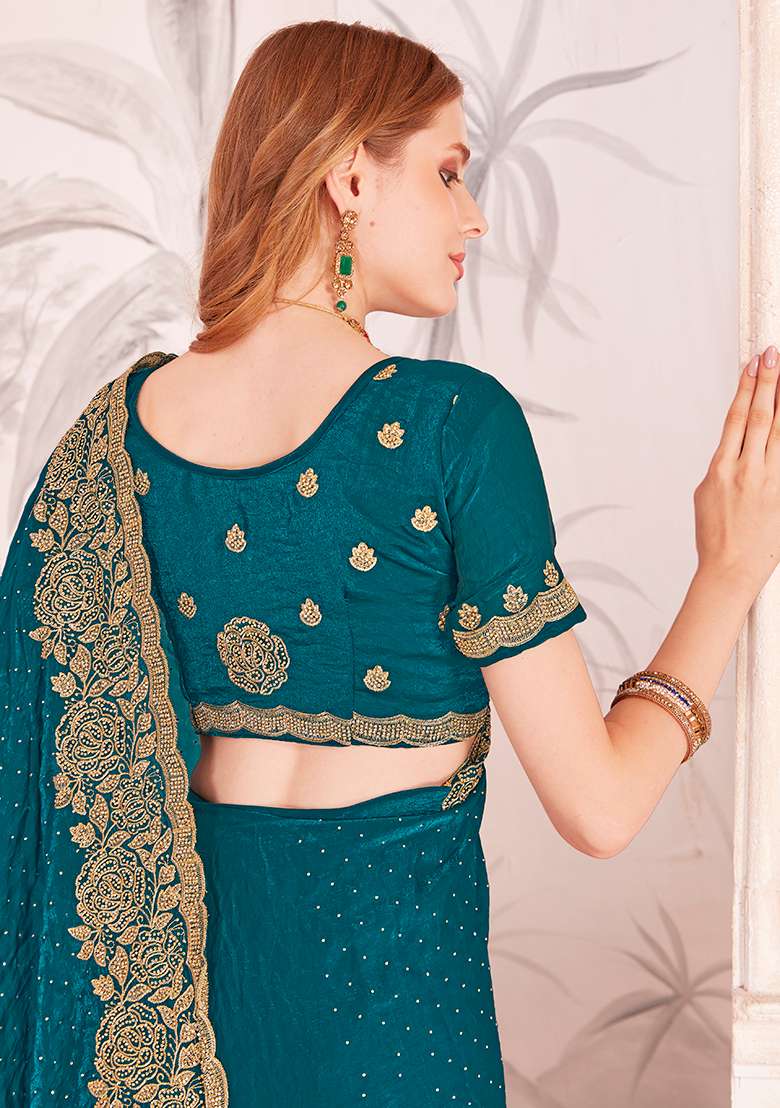 Blue Embroidery Work Silk Blend Saree Set - Indya