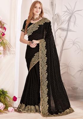 Black Embroidery Work Silk Saree Set