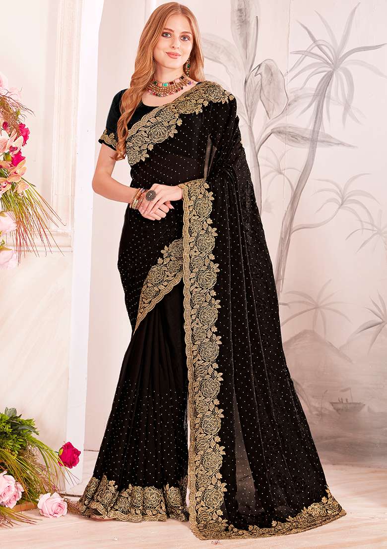 Black Embroidery Work Silk Blend Saree Set - Indya