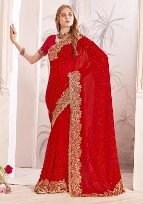 Red Embroidery Work Silk Saree Set
