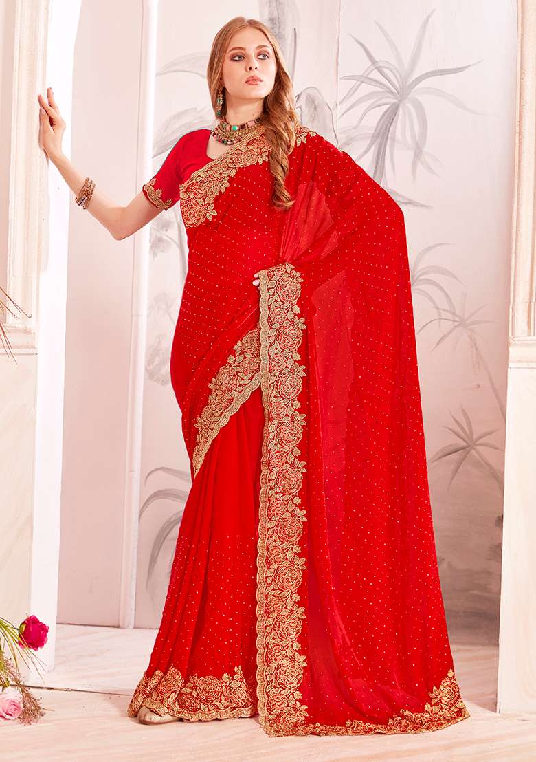 Red Embroidery Work Silk Blend Saree Set - Indya