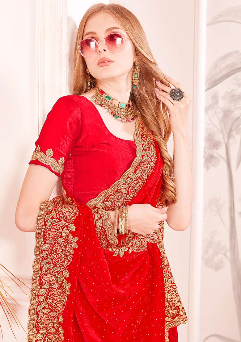 Red Embroidery Work Silk Blend Saree Set - Indya
