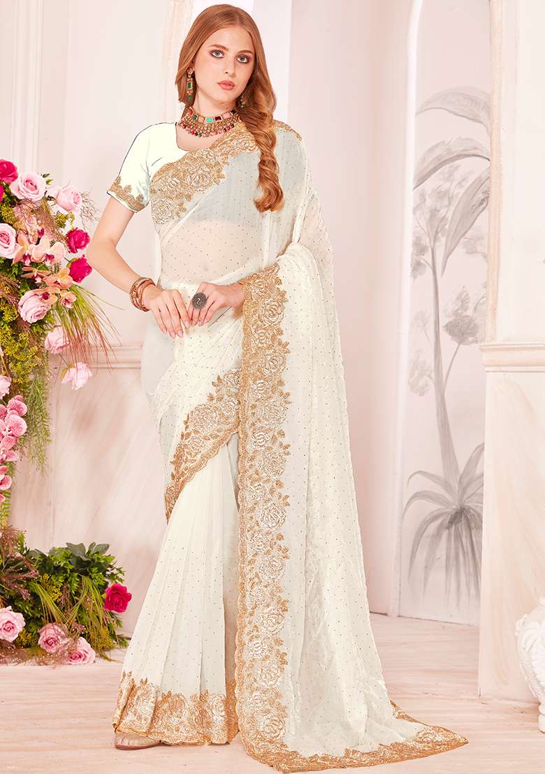 White Embroidery Work Silk Blend Saree Set - Indya