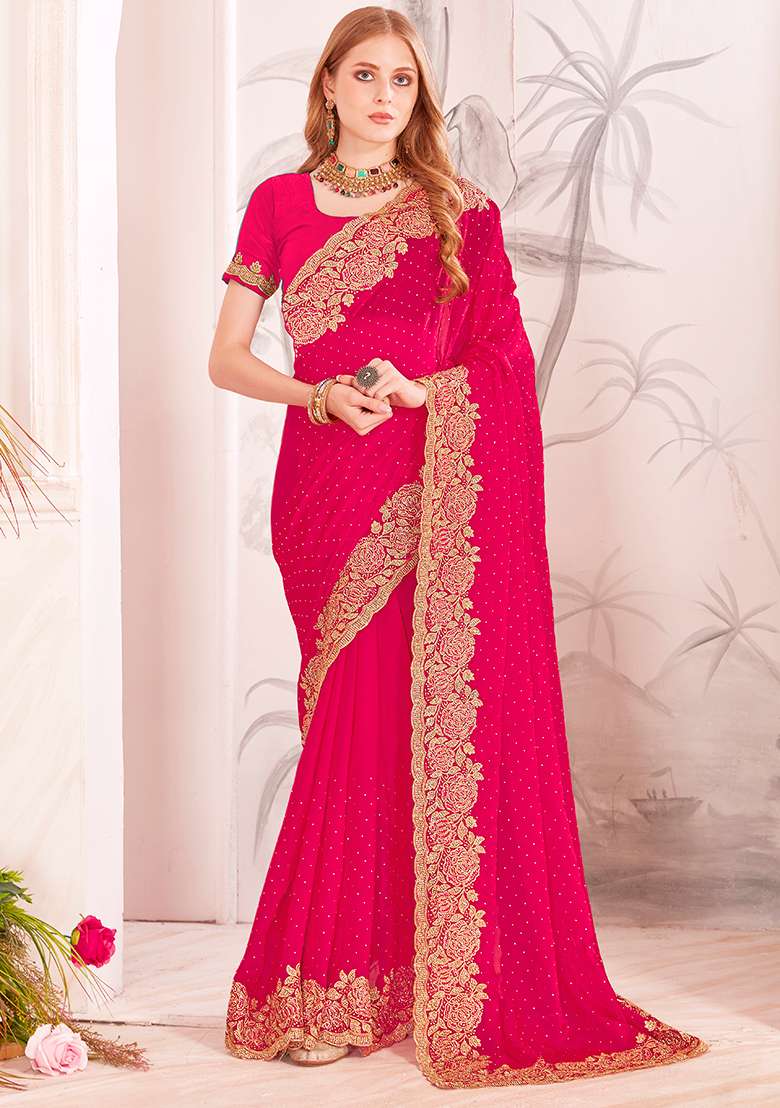 Rani Embroidery Work Silk Blend Saree Set - Indya
