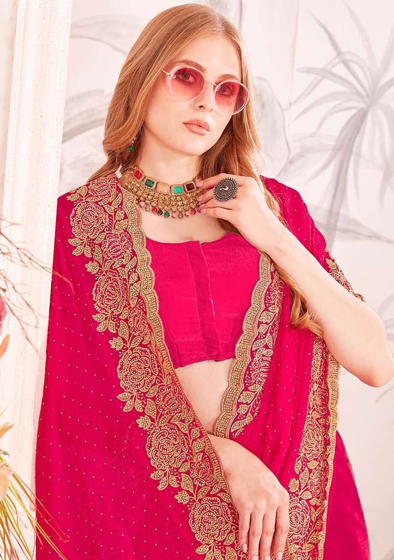 Rani Embroidery Work Silk Blend Saree Set - Indya