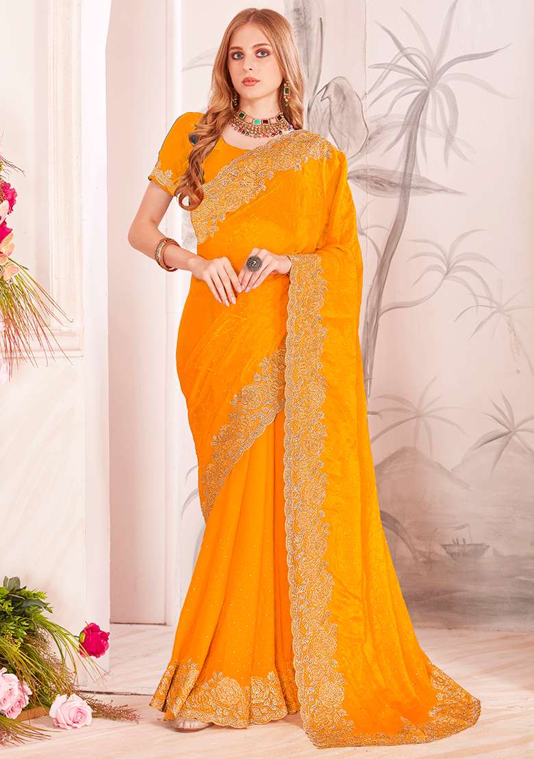 Mustard Embroidery Work Silk Blend Saree Set - Indya