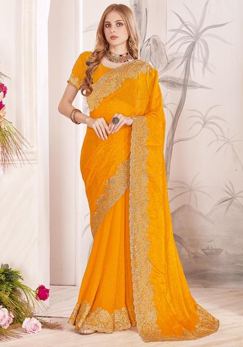 Mustard Embroidery Work Silk Saree Set
