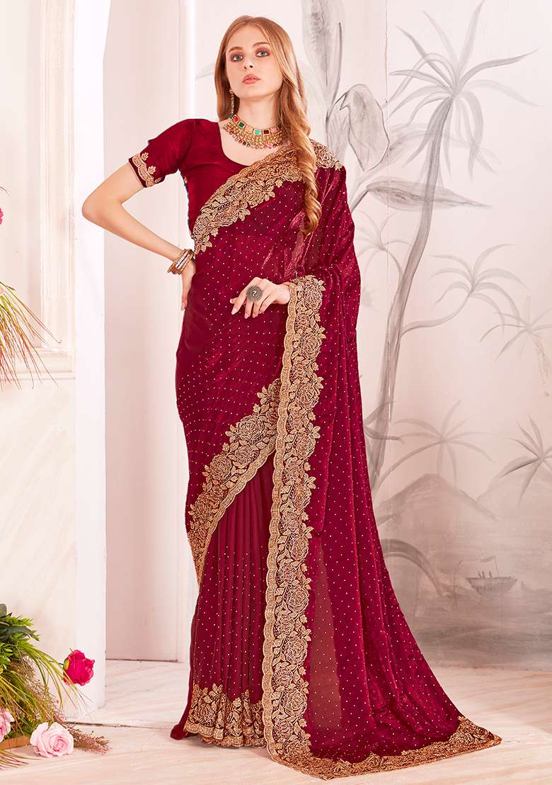 Maroon Embroidery Work Silk Blend Saree Set - Indya