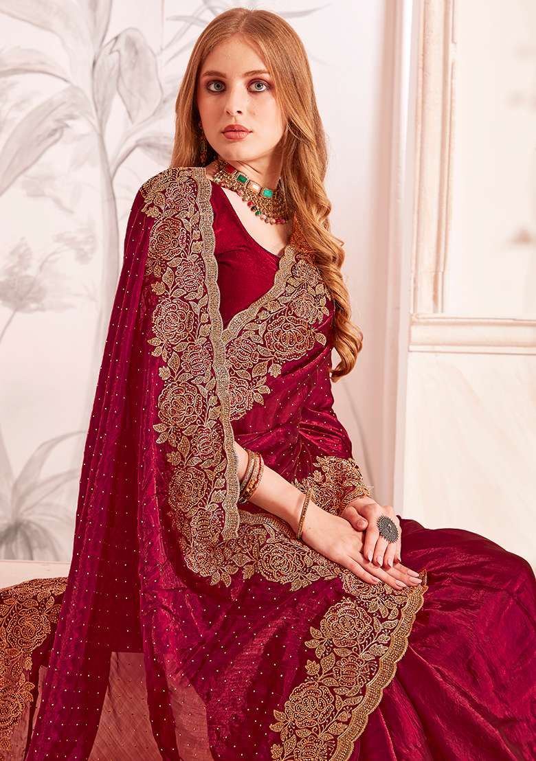 Maroon Embroidery Work Silk Blend Saree Set - Indya
